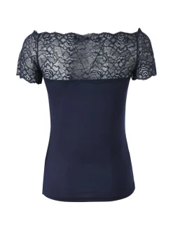 Intimami Maglia donna a maniche corte con scollo a barca in pizzo - blu scuro