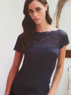 Intimami Maglia donna a maniche corte con scollo a barca in pizzo - blu scuro