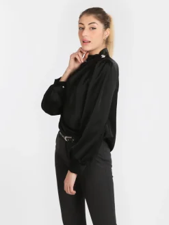 Jack Moda Blusa donna in raso con bottoni gioiello