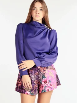 Jack Moda Blusa donna in raso con bottoni a perla