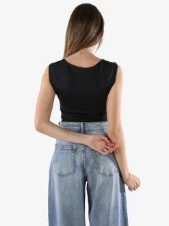 Jeans Louise Francoise Top body donna smanicato con scollo V arricciato - nero
