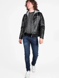 Jeans Yesed Giubbotto da uomo in ecopelle con cappuccio in felpa e interno in pelliccia sintetica