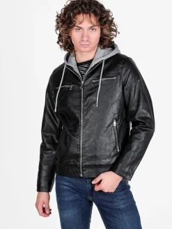 Jeans Yesed Giubbotto da uomo in ecopelle con cappuccio in felpa e interno in pelliccia sintetica