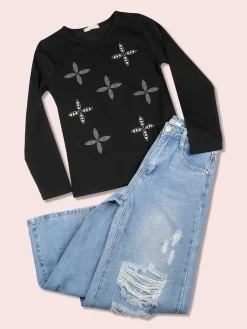 J Y Jeans baggy da bambina con strappi e strass - jeans