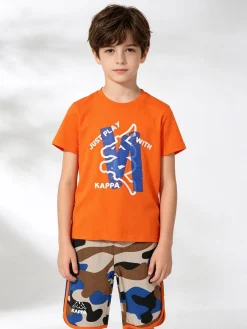 Kappa Completo corto da bambino in cotone con t-shirt e bermuda mimetici - arancione