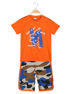 Kappa Completo corto da bambino in cotone con t-shirt e bermuda mimetici - arancione