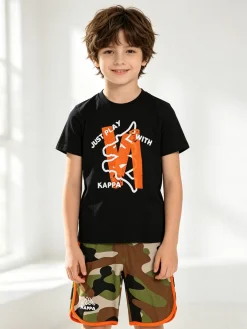 Kappa Completo corto da bambino in cotone con t-shirt e bermuda mimetici - nero