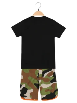 Kappa Completo corto da bambino in cotone con t-shirt e bermuda mimetici - nero