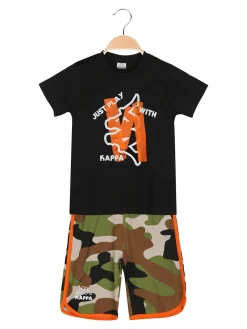 Kappa Completo corto da bambino in cotone con t-shirt e bermuda mimetici - nero