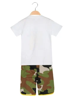 Kappa Completo corto da bambino in cotone con t-shirt e bermuda mimetici - bianco