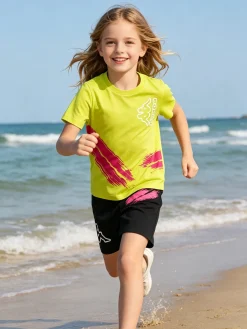 Kappa Completo corto da bambina in cotone con t-shirt e shorts - limone