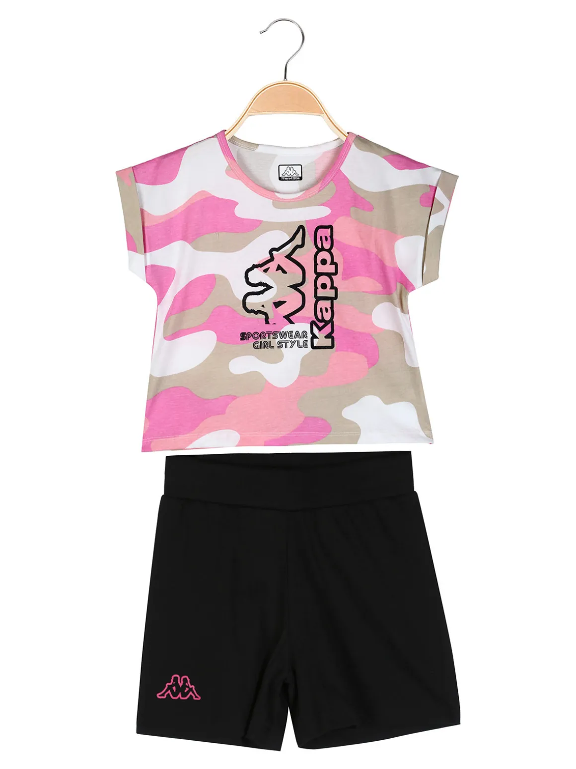 Kappa Completo corto da bambina in cotone con t-shirt mimetica e shorts - rosa