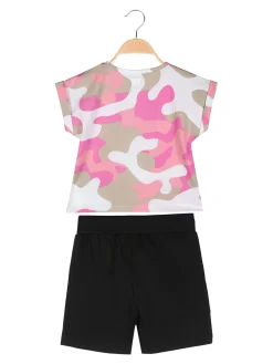 Kappa Completo corto da bambina in cotone con t-shirt mimetica e shorts - rosa