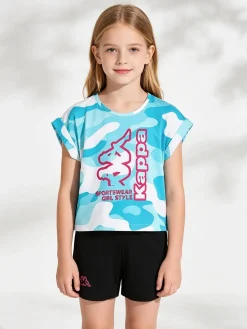 Kappa Completo corto da bambina in cotone con t-shirt mimetica e shorts - turchese