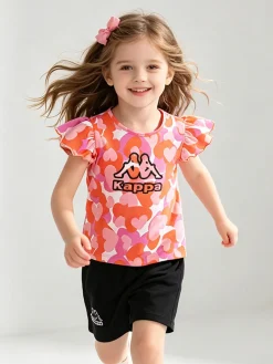 Kappa Completo corto da neonata 2 pezzi in cotone con maniche a volant e shorts - arancione