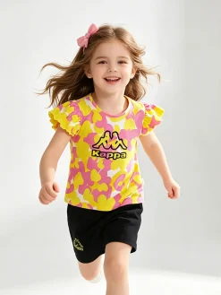Kappa Completo corto da neonata 2 pezzi in cotone con maniche a volant e shorts - rosa