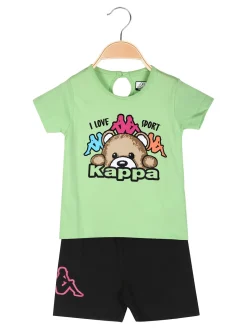 Kappa Completo corto da neonata in cotone con t-shirt orsacchiotto e shorts - verde chiaro