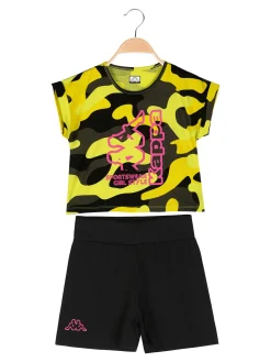 Kappa Completo corto da ragazza in cotone con t-shirt mimetica e shorts - giallo