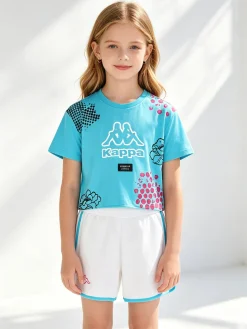 Kappa Completo corto da ragazza in cotone con t-shirt cropped e shorts - turchese