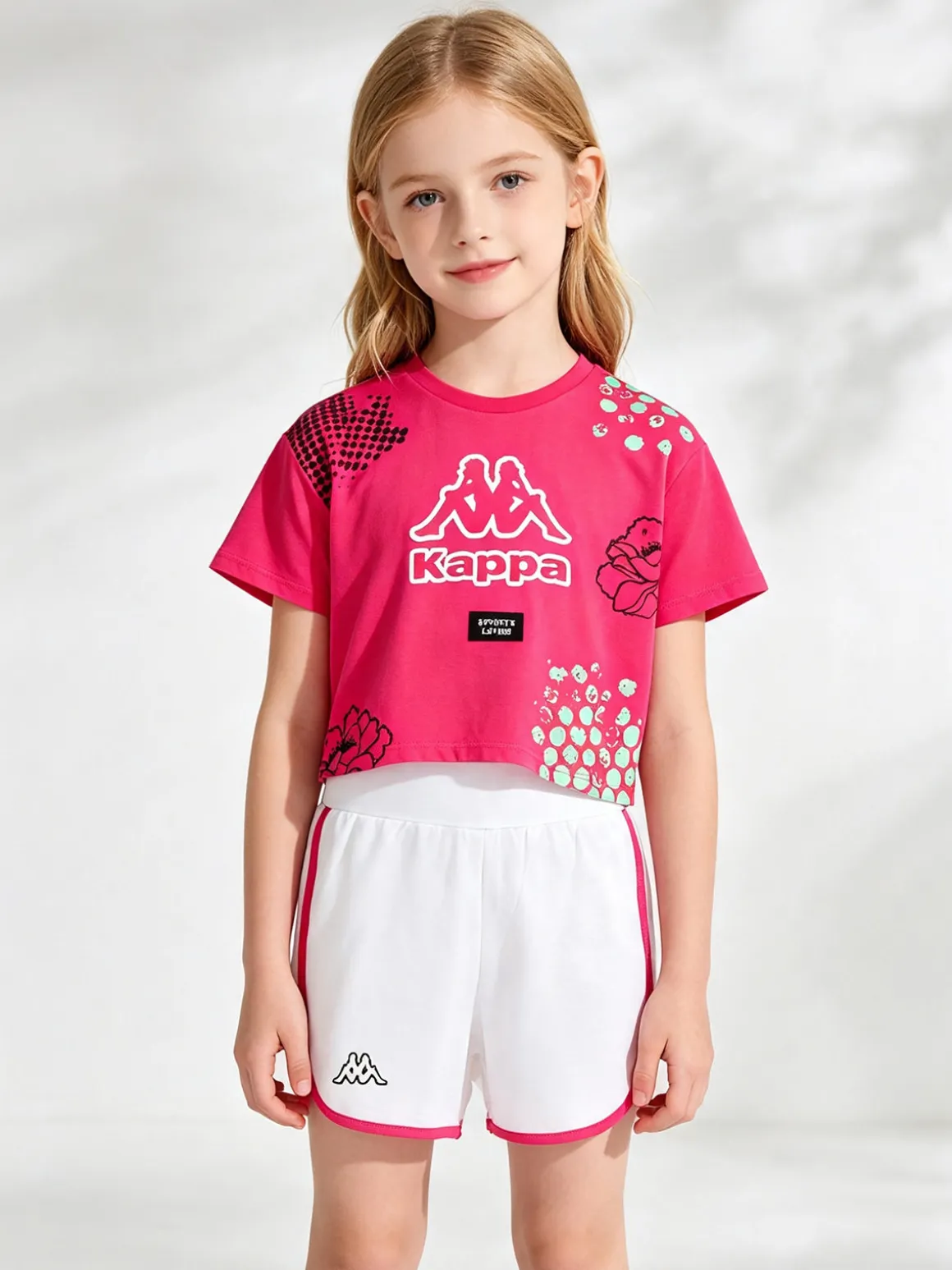 Kappa Completo corto da ragazza in cotone con t-shirt cropped e shorts - fucsia