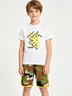 Kappa Completo corto 2 pezzi da ragazzo in cotone con t-shirt e bermuda militare - bianco