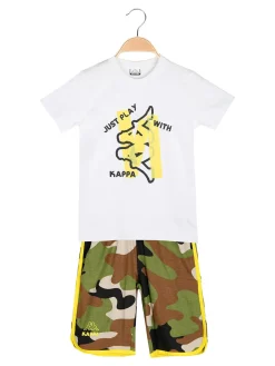 Kappa Completo corto 2 pezzi da ragazzo in cotone con t-shirt e bermuda militare - bianco