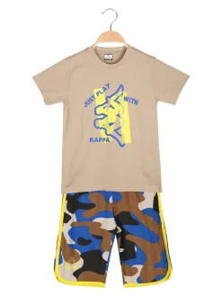 Kappa Completo corto 2 pezzi da ragazzo in cotone con t-shirt e bermuda militare - sabbia