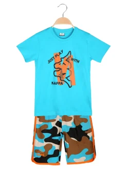 Kappa Completo corto 2 pezzi da ragazzo in cotone con t-shirt e bermuda militare - turchese