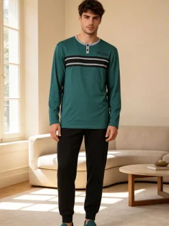Kappa Pigiama da uomo in misto cotone interlock con logo - verde