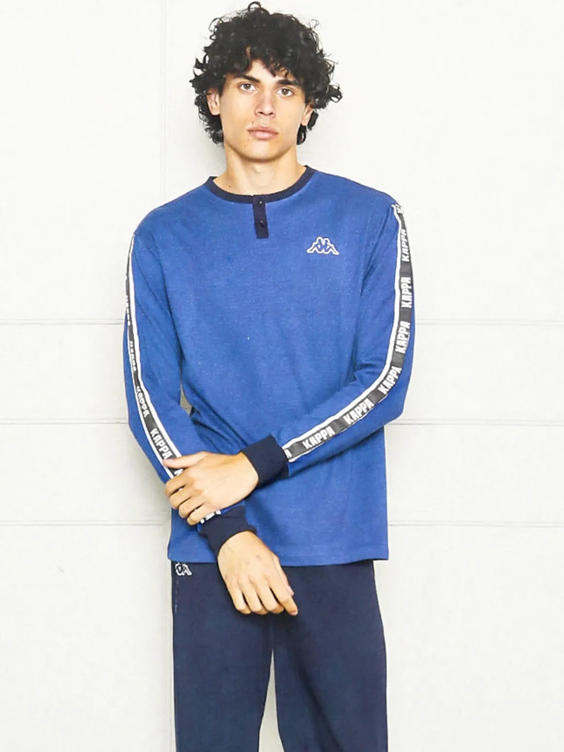 Kappa Pigiama lungo da ragazzo in cotone interlock con logo - blu