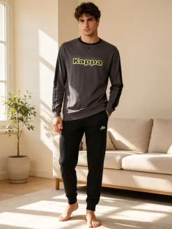 Kappa Pigiama lungo da uomo in cotone con logo - grigio scuro