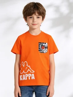 Kappa T-shirt da ragazzo in cotone con taschino e logo - arancione