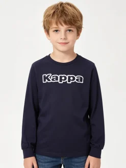 Kappa T-shirt girocollo da bambino a maniche lunghe con logo - blu scuro