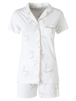 Kissimo Pigiama aperto da donna in cotone a maniche corte con shorts - panna
