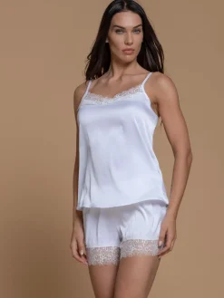Kissimo Pigiama corto da donna effetto raso con dettaglio in pizzo - bianco