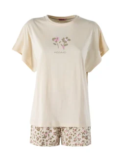 Kissimo Pigiama corto da donna in cotone con shorts floreali - beige