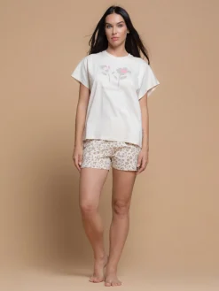 Kissimo Pigiama corto da donna in cotone con shorts floreali - beige