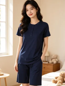 Kissimo Pigiama corto da donna in cotone - blu scuro