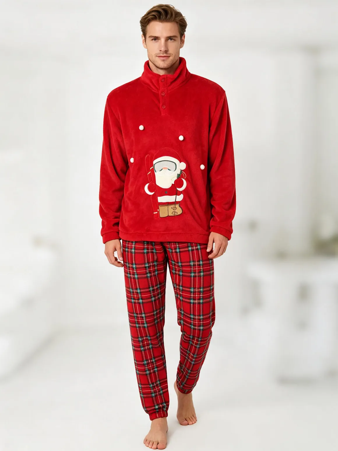 Kissimo Pigiama di Natale da uomo in pile coral - rosso