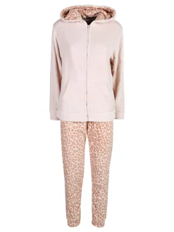 Kissimo Pigiama donna in pile con zip intera e pantaloni animalier - rosa