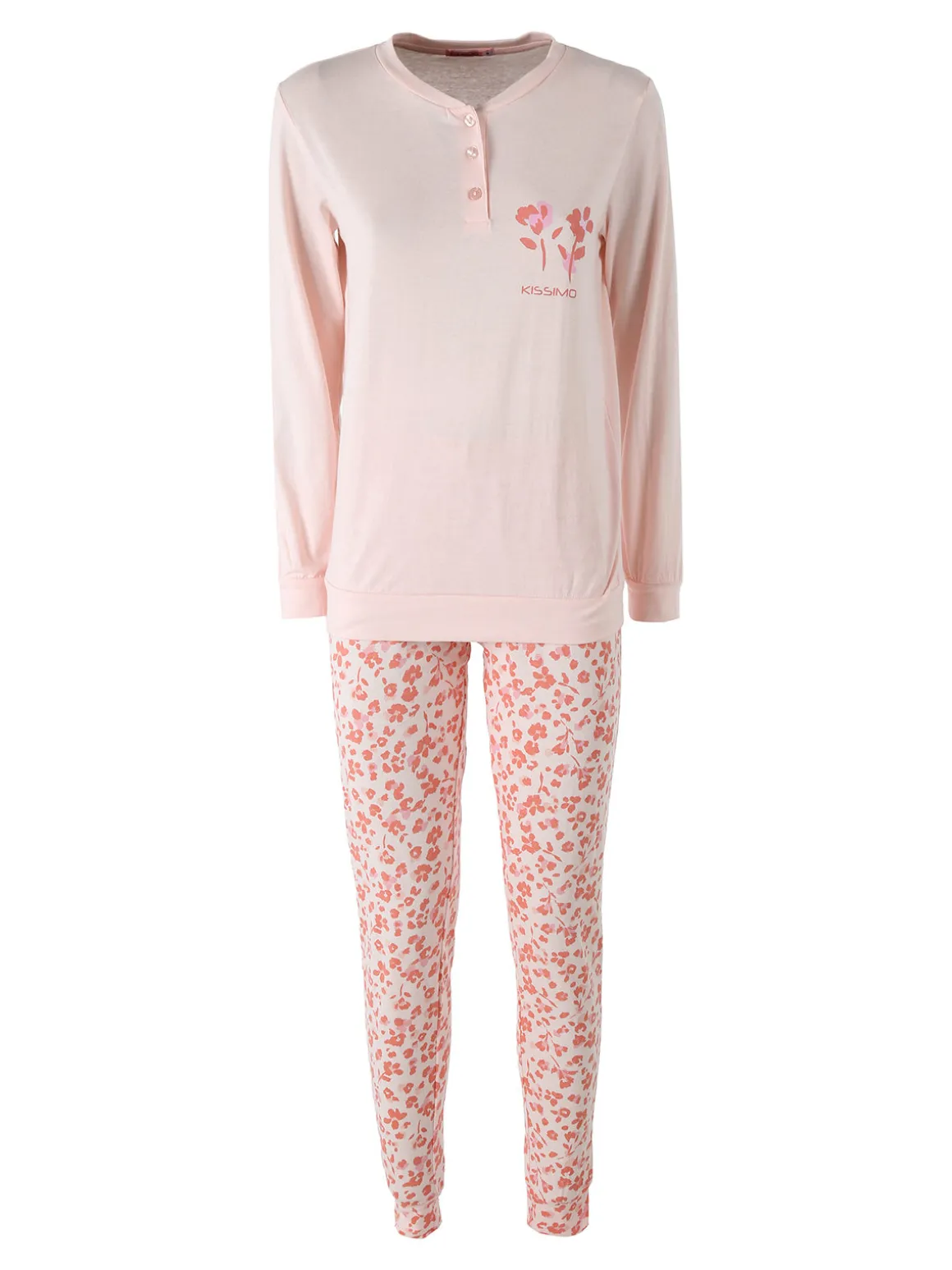 Kissimo Pigiama lungo da donna in cotone con pantaloni maculati - rosa