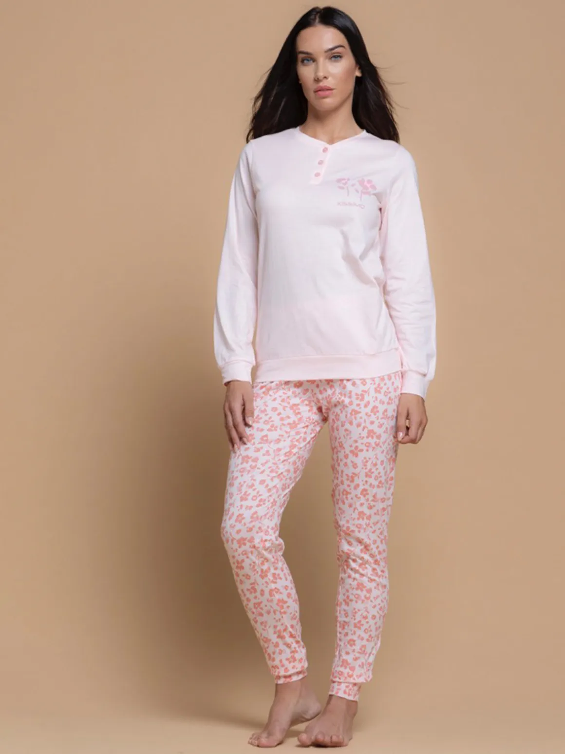 Kissimo Pigiama lungo da donna in cotone con pantaloni maculati - rosa