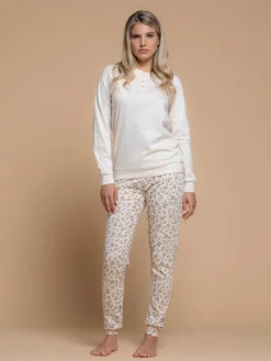 Kissimo Pigiama lungo da donna in cotone con pantaloni maculati - beige
