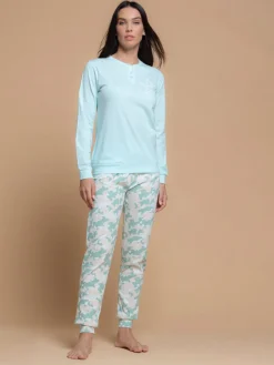 Kissimo Pigiama lungo da donna in cotone - acqua marina