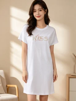 Kissimo Vestitino da donna in cotone a maniche corte con stampa scritta floreale - bianco