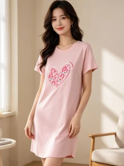 Kissimo Vestitino da donna in cotone a maniche corte con stampa cuore - rosa
