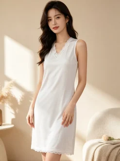 Kissimo Vestito da donna in cotone a spalla larga con pizzo