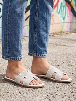 La Cuoieria Ciabatte donna in pelle con strass - bianco