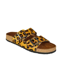 La Cuoieria Ciabatte donna in pelle animalier con doppia fibbia - cammello