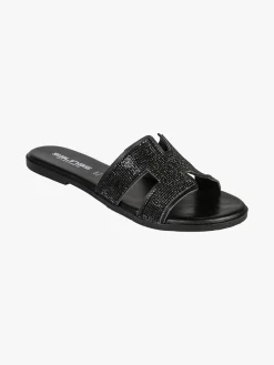 La Cuoieria Ciabatte donna in pelle con strass - nero
